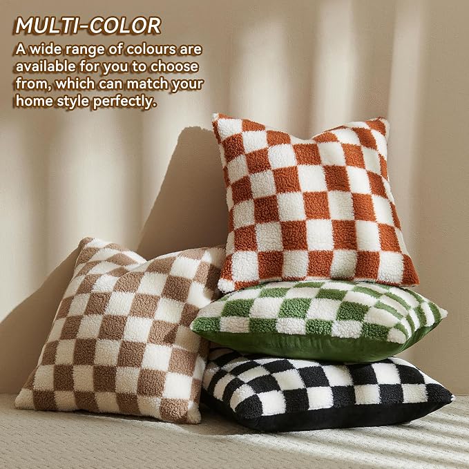 AmHoo Pack of 2 Decorative Throw Pillow Covers Checkerboard Luxury Super Soft Faux Fur Wool Set Case Cushion for Couch Sofa Bedroom 20 x 20-Inch Burnt Orange
