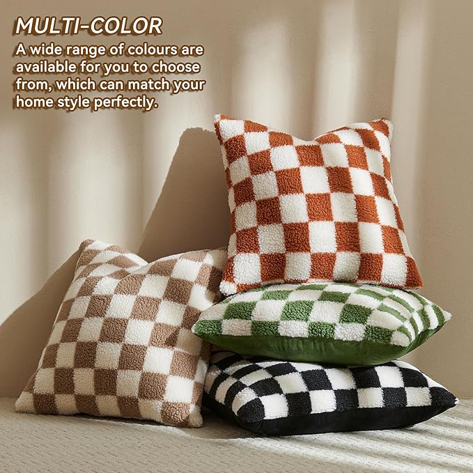 AmHoo Pack of 2 Decorative Throw Pillow Covers Checkerboard Luxury Super Soft Faux Fur Wool Set Case Cushion for Couch Sofa Bedroom 26 x 26-Inch Sage Green