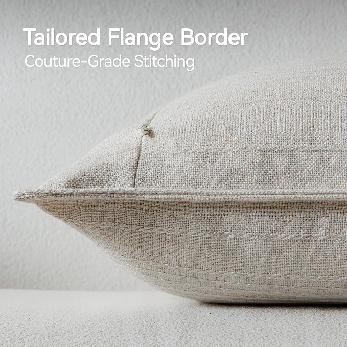 a moment Linen Pillow Covers Set of 2,Boho Farmhouse Throw Pillowcases Neutral Textured Decorative Covers for Couch Sofa Bed,Soft Linen Blend Accent Case Cushion Living Room Home Decor 20"x12"Ivory