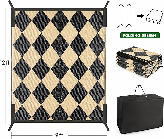 fifame Outdoor Camping Rugs, 9x12 Outdoor Rug Patios Clearance Plastic Straw Rug Weatherproof Reversible Mats, Large Floor Mat for Outdoors, RV, Patio, Backyard, Deck, Picnic, Beach, Trailer, Camping