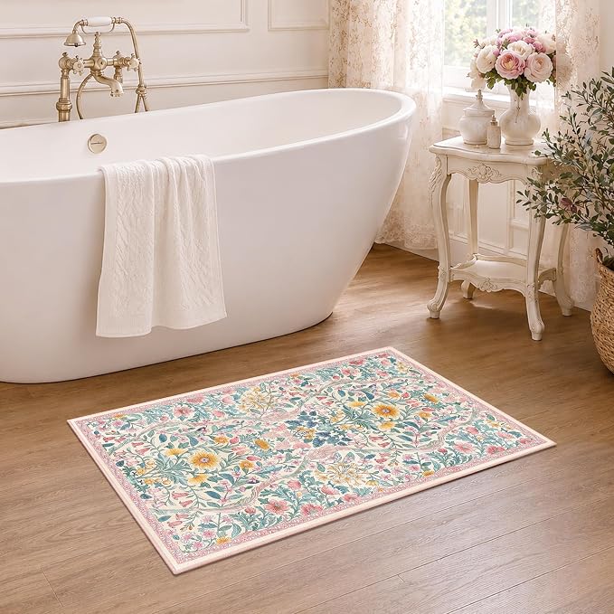 Floral 2x3 Entryway Rug,Washable Front Door Mat Indoor Non Slip Low Pile Small Carpet, Soft Pink Boho Botanical Throw Rug for Bathroom Bedroom Kitchen Laundry Indoor Entrance