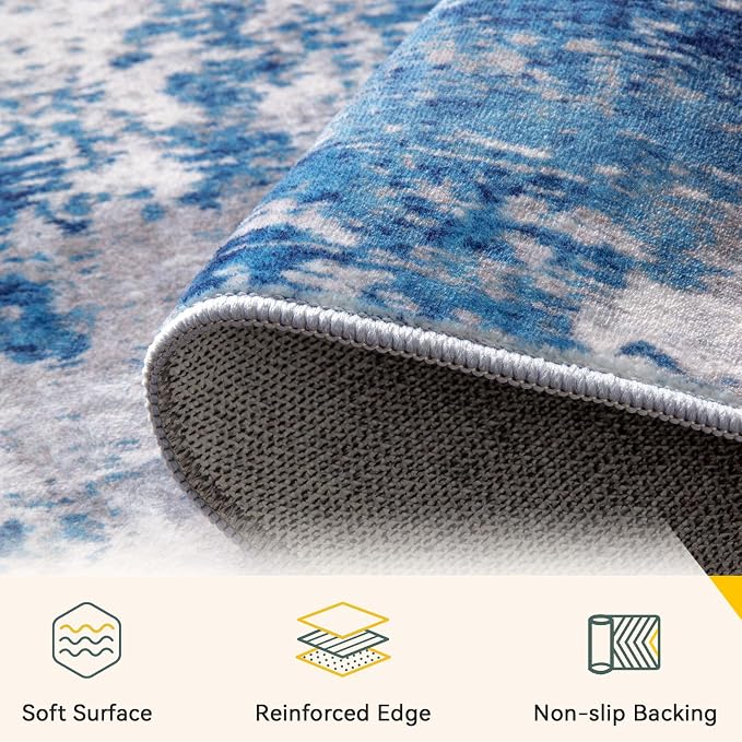 RELEANY Washable Area Rugs 3x8 Non-Slip Modern Abstract Soft for Living Room Entryway Bedroom Kitchen, Print Pattern, Blue Grey Navy Gray