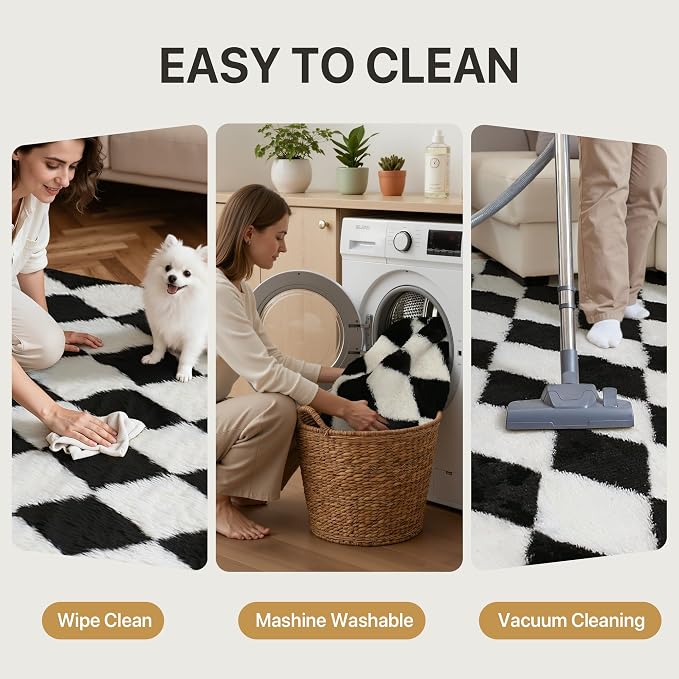 GENIMO Checkered Rug 5x7 Area Rugs for Kids Bedroom Soft Shag Rug Fluffy Fuzzy Carpet Plush Rugs for Living Room Nursery Playroom Dorm Modern Home Decor Aesthetic, Black and White