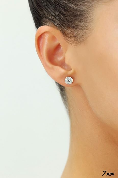 14k White Gold Solitaire Round Cubic Zirconia CZ Stud Earrings in Secure Screw-backs