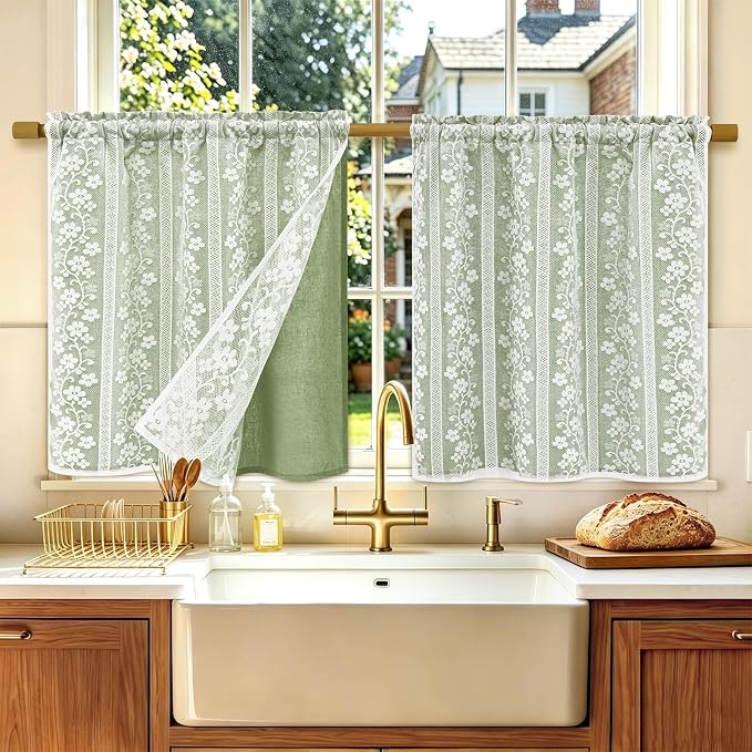 ASPMIZ Linen Kitchen Curtains Double Layer Kitchen Window Curtains Over Sink 24 Inch Sage Green Tier Curtain Light Filtering Rod Pocket Cafe Curtain Short Window Treatments with 2 Tiebacks, 26x24