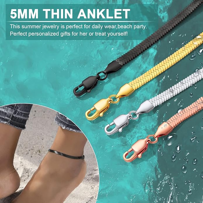 GoldChic Adjustbale Link Chain Anklet for Women Summer Jewelry, 316L Stainless Steel Figaro/Wheat/Twist Rope/Cuban Foot Bracelet-Waterproof, Resizable 9"-12" (Gift Box Included)