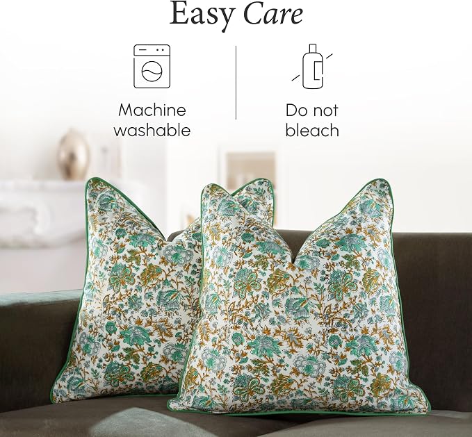CPC 100% Cotton Throw Pillow Covers 24x24 Inch, Set of 2 Blue Block Print Pattern Couch Pillow, Cute Boho Decorative Pillows for Living Room, Bedroom with Hidden Zipper- Harvest Bloom