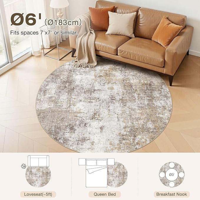6Ft Round Area Rug for Living Room, 6x6 Washable Rugs Non-Slip Soft Large Modern Abstract Pattern Low Pile Carpet for Bedroom Indoor Floor Nursery Home Decor - Gold Brown
