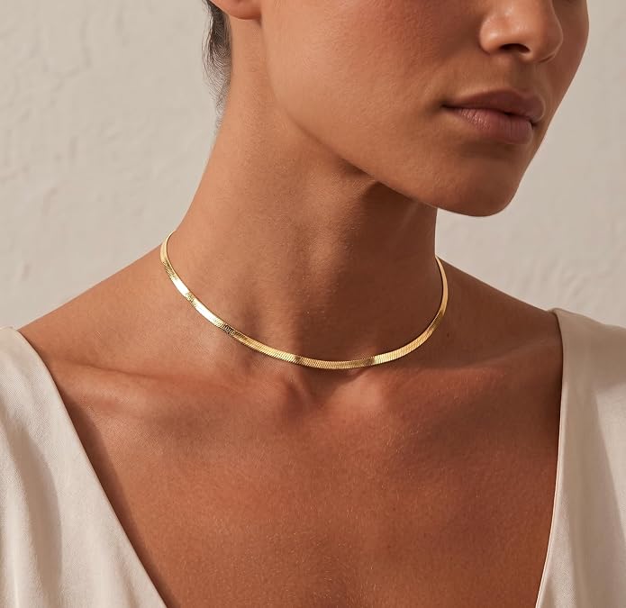 WomenGifts 14K Gold Silver Plated Herringbone Necklace for Women, Dainty Snake Chain Choker, Trendy Simple Long Layered Jewelry Non Tarnish, 3/4/5/8mm,14,16,18,20,22,24,26 Inch Thin & Chunky Options