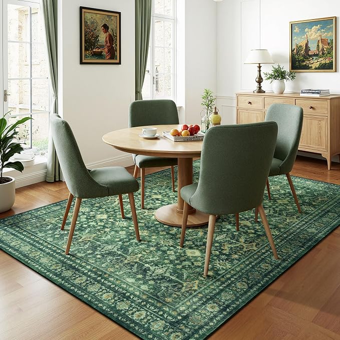 Lessymo 6x9 Washable Area Rug with Non Slip Backing,Soft Boho Indoor Carpets for Living Room Bedroom Nursery, Kid and Pet Friendly, Green