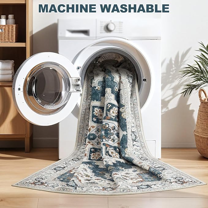 6x9 Washable Area Rug: Vintage Neutral Soft Non Slip Thin Large Floor Carpet for Living Room Bedroom Kitchen Dining Room Home Office Farmhouse Indoor - Blue