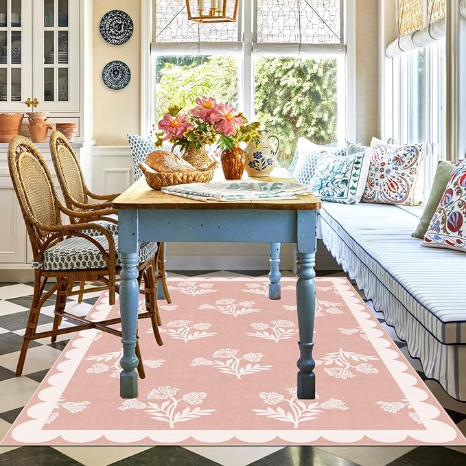 Pink 4x6 Area Rugs for Bedroom Girls - Soft Washable Boho Living Room Rug Non Slip Entry Rug Cottage Farmhouse Scalloped Rugs for Living Room Nursery Kids Room Playroom Kitchen Dorm
