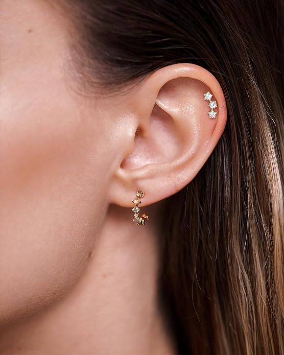 COCHARM 925 Sterling Silver Flat Cartilage Earrings Stud 16g 6mm 8mm 10mm Flat Back Helix Piercing Jewelry Star Tragus Earring Silver Climb Conch Jewelry Hypoallergenic Conch Earrings for Women Man