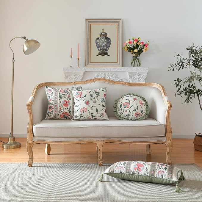 ISAENNE Designer Elegant Linen Throw Pillow Cover,Set of 4-Daffy Set | French Cottage Pillow Cover,Concealed Zipper,Floral Pattern,Sofas,Bedroom,Living Room,Lounge Chairs,All Season Home Decor
