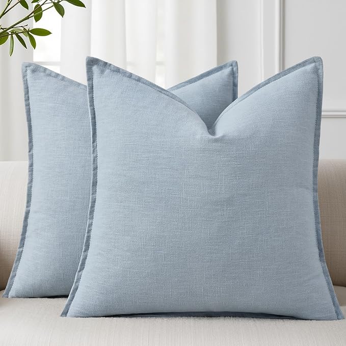 decorUhome Fall Sky Blue Linen Throw Pillow Covers 22x22 Set of 2 | Decorative Soft Cozy Modern Farmhouse Boho Accent Pillow Cases with Flange Edges for Couch Bed Sofa Living Room Home Decor