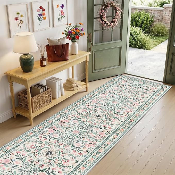 Runner Rug for Entryway: 3x10 Kitchen Rugs Floral Washable Rug Green/Beige | Ultra-Thin Non Slip Indoor Floor Carpet Stain Resistant Carpets for Hallway Bedroom Kitchen Laundry Bathroom Dorm Home Office