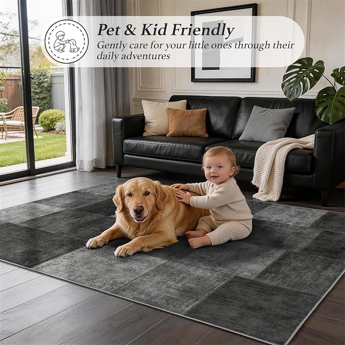 LIANLAM 2x3 Washable Entryway Rug,Non-Slip Indoor Door Mat with Vintage Boho Checkered Pattern, Stain & Water Resistant Faux Wool Low Pile for Front Door,Hall,Kitchen,Bathroom - Easy Clean(2x3,Black)