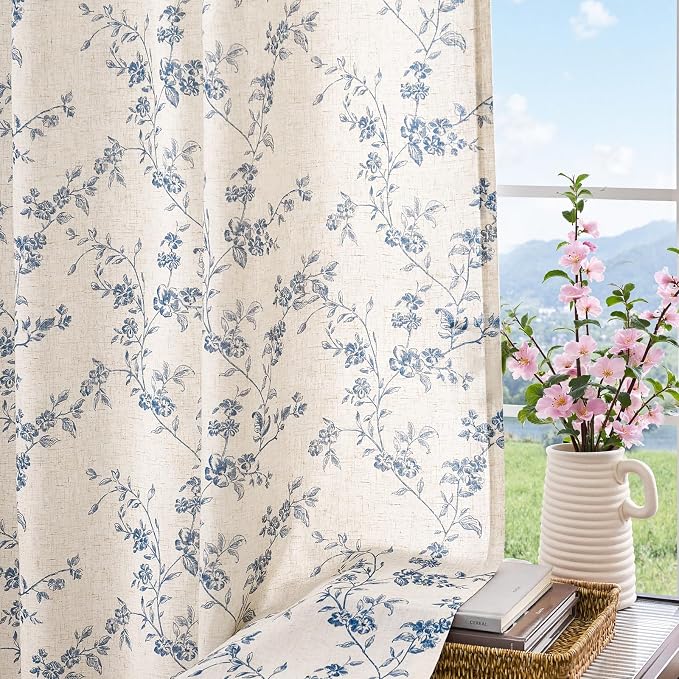 jinchan Blue Floral Linen Curtains 63 Inch Country Drapes Back Tab 2 Panels | Blue on beige, light filtering, farmhouse, rustic, flower, living room, bedroom, laundry, window treatment, home decor