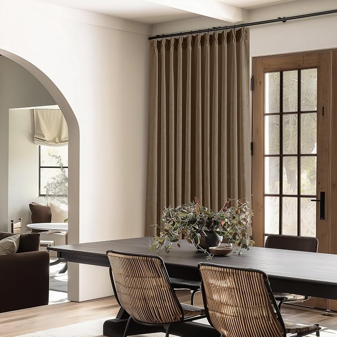 Extra Wide 96 Inch Long Curtains 70 Inch Wide Pinch Pleat Linen Curtains for Living Room Bedroom Light Filtering Privacy Pleated Drapes Hooks Rings Back Tab for Sliding Door Dutch Cocoa 1 Panel