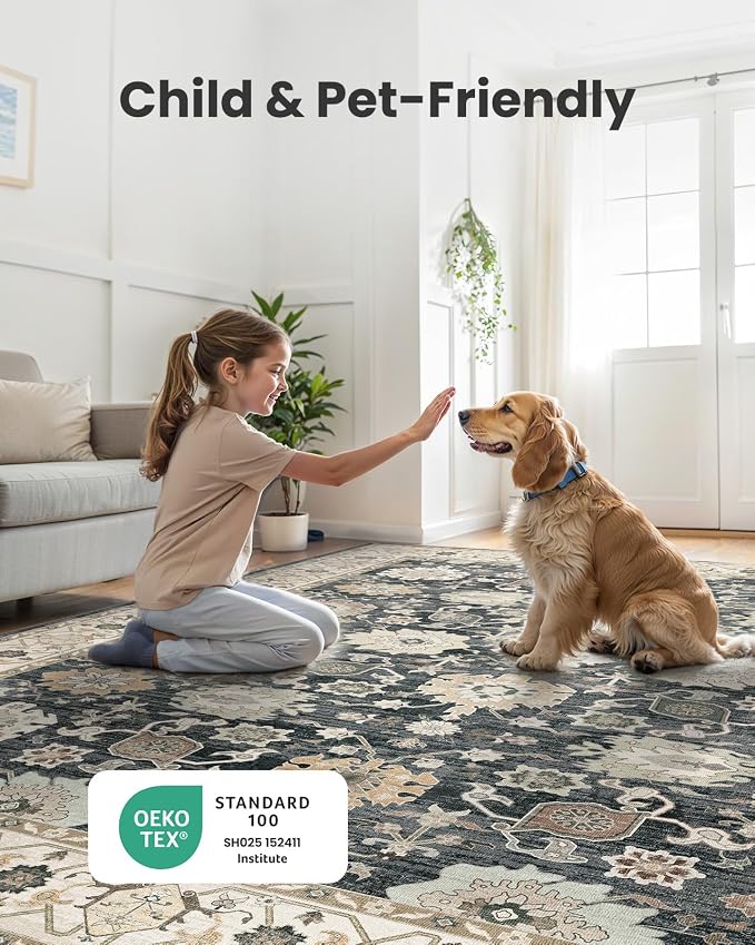 AMADA HOMEFURNISHING 8x10 Area Rug for Living Room, Vintage Washable Area Rug Low-Pile & Non-Slip Carpet for Bedroom Dining Room Nursery Home Office, Black/Brown