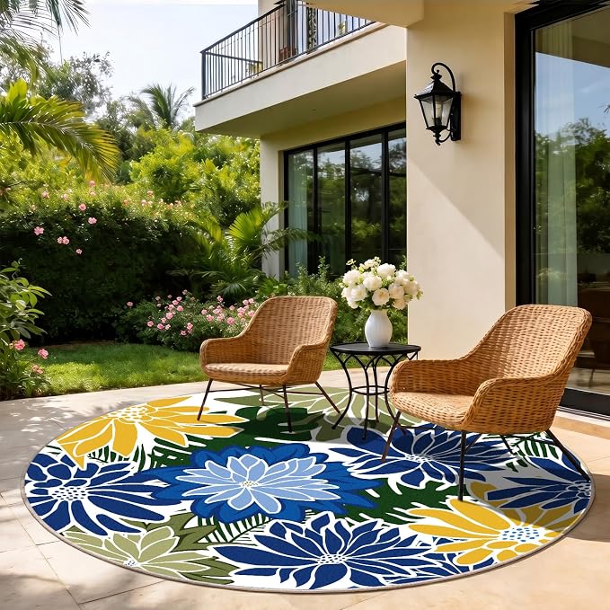 ZonLi Colorful Outdoor Rug 6x6Ft Waterproof Multicolored Indoor Area Rug Washable Outdoor Patio Rugs Tropical Floral Non Slip Outdoor Carpet for Living Room, Pool,Backyard,Deck,Camping