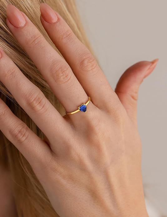 WFYOU Gold Heart Birthstone Rings for Women 14K Gold Plated Non Tarnish Stackable Pinky Cubic Zirconia Rings Emerald Dainty Gemstone Thumb Ring Band Cute Jewelry Birthday Gift Size 5-10