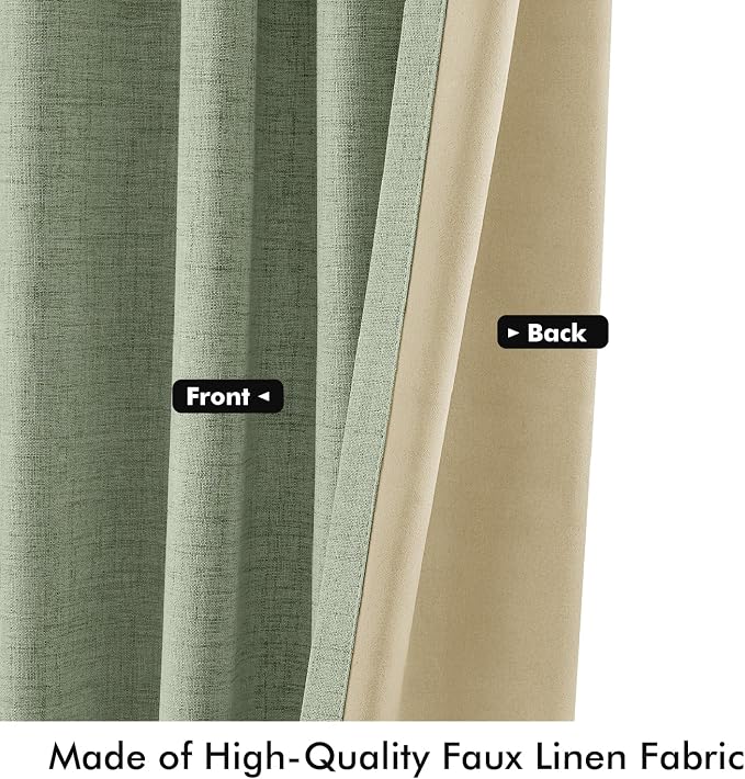 MIULEE 100% Blackout Linen Curtains 42 x 72 Inch Sage Green 2 Panels | Thermal Insulated, Room Darkening Drapes for Bedroom Living Room, Back Tab Rod Pocket Pinch Pleated, Solid Luxury Decor