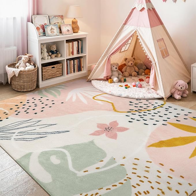 Lahome Pink Boho Bedroom Rug 5x7, Washable Non Slip Soft Botanical Area Rug for Girls Bedroom Kids Room Cozy Nursery Toddler Living Room Apartment Decor