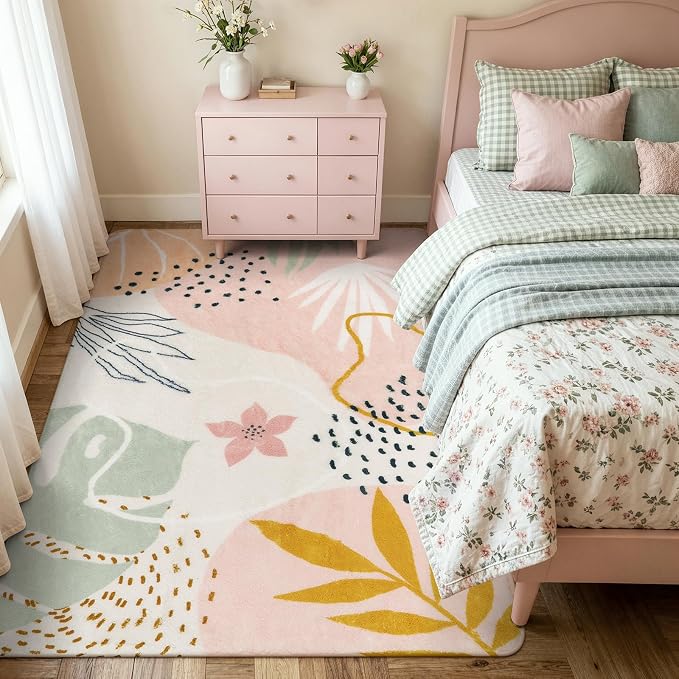 Lahome Pink Boho Living Room Rug 6x9, Washable Non Slip Soft Botanical Area Rug for Cozy Family Room Classroom Bedroom Home Decor