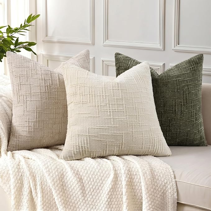 decorUhome Textured Chenille Throw Pillow Covers 20x20 Set of 2 Light Cream | Fall Modern Farmhouse Soft Cozy Slubby Couch Pillow Cases Boho Decorative Pillow Cases for Bed Sofa Living Room Home Decor