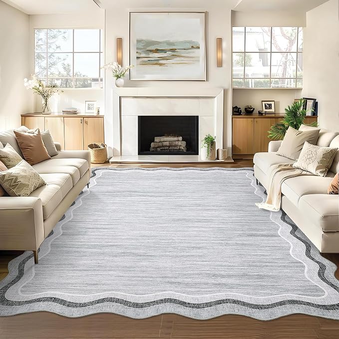 Garvee Scalloped 10x13 Area Rugs for Living Room Large Washable Rugs,Neutral Solid Rug Stain Resistant Non Slip Floor Mat Carpet Indoor Accent Rug for Bedroom Dining Room Playroom Home Decor,Grey | Rugs for Living Room, Non-Slip Soft Carpet for Bedroom...