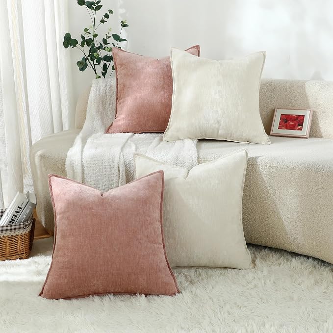 Stellhome Soft Chenille Decorative Pillow Covers 20x20 Inch Natural Pink Boho Farmhouse Neutral Couch Throw Pillows for Bed Sofa Livingroom Pack of 2 Accent Modern Pillowcase Home Decor