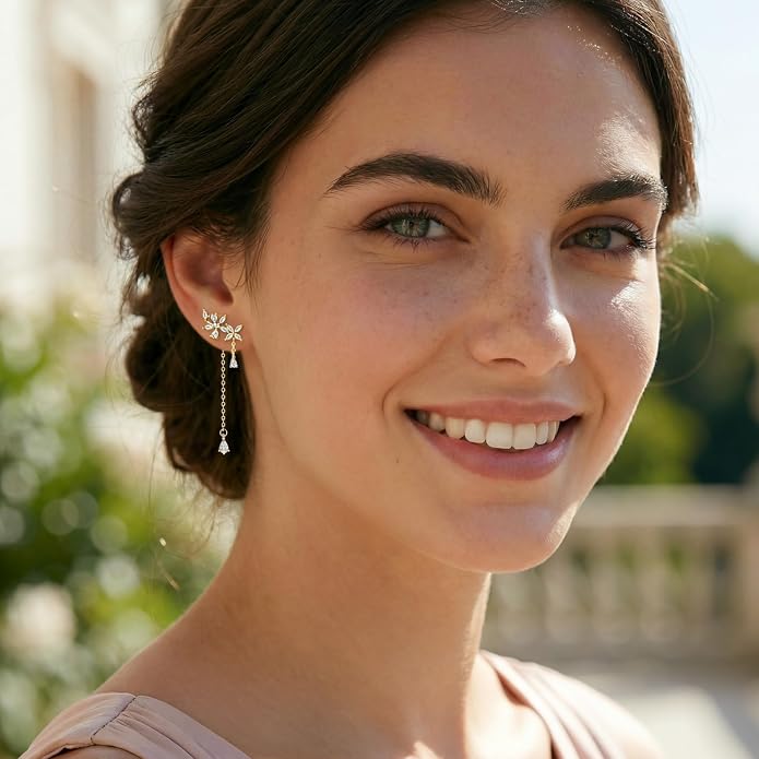 SLUYNZ 925 Sterling Silver Dainty CZ Flowers Wrap Earrings Dangle Chain for Women Elegant Dangling Earrings Bridal Earrings Wedding Engagement Drop Earrings Prom Engagement Party Jewelry