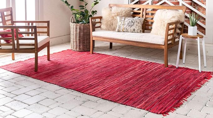 Unique Loom Chindi Cotton Collection Soft Hand Woven Natural Fiber Striped Area Rug, 8 ft x 10 ft, Red/Purple