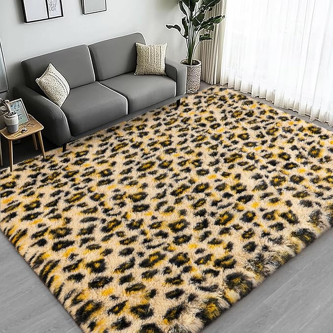 Large Area Rugs for Living Room Bedroom 8x10 Cheetah Fluffy Shag Rug | Ultra Soft Leopard Shaggy Plush Fuzzy Modern Indoor Throw Floor Carpet for Kids Girls Boys Dorm Nursery Home Decor Aesthetic