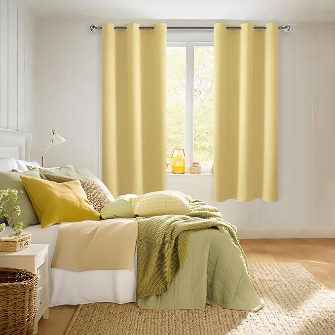 Hiasan Room Darkening Window Curtains for Bedroom, Thermal Insulated, Energy Saving Blackout Curtains, Set of 2 Panels, Sewn with Tiebacks, Grommet Top (Light Yellow, Width 42 Inch x Length 63 Inch)
