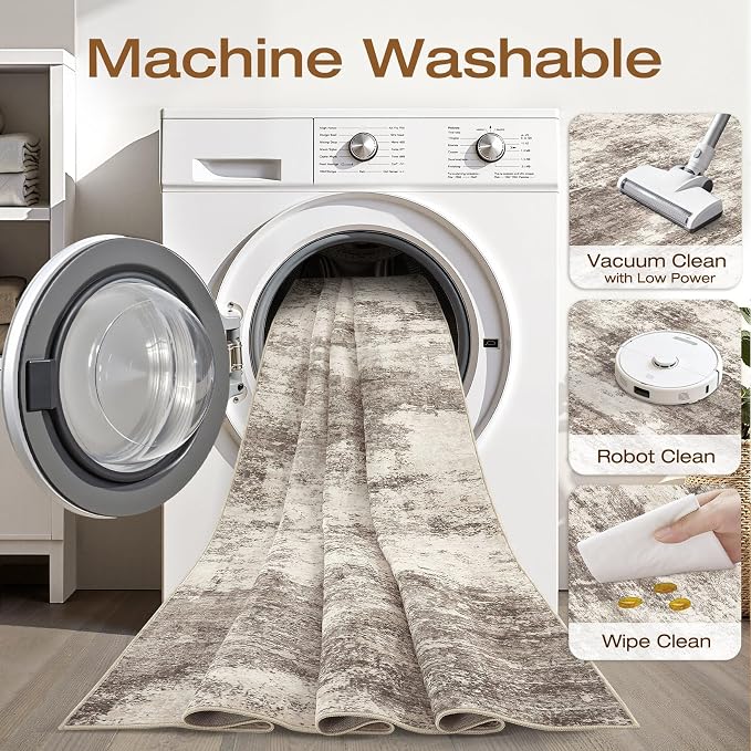 10x14 Area Rugs Living Room: Washable Large Neutral Rug Abstract Soft Modern Stain Resistant Indoor Floor Non-Slip Carpet for Bedroom Nursery Kids Office Playroom Dining Room Under Table- Mocha Brown