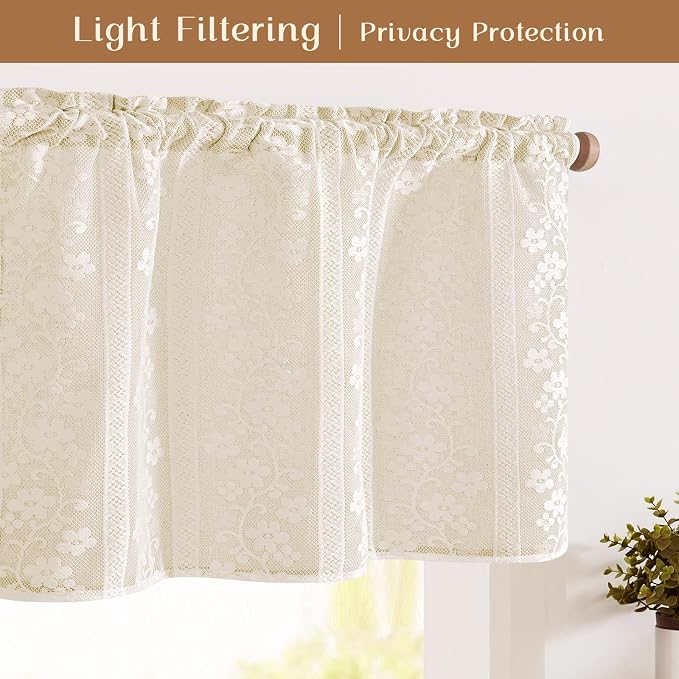 ASPMIZ Linen Valances for Windows Double Layers Valance Curtains Farmhouse Kitchen Curtains with Lace, Short Rustic Curtain for Bathroom Window, Kitchen, Cafe, 52 x 18 Inch Rod Pocket 1 Panel, Beige