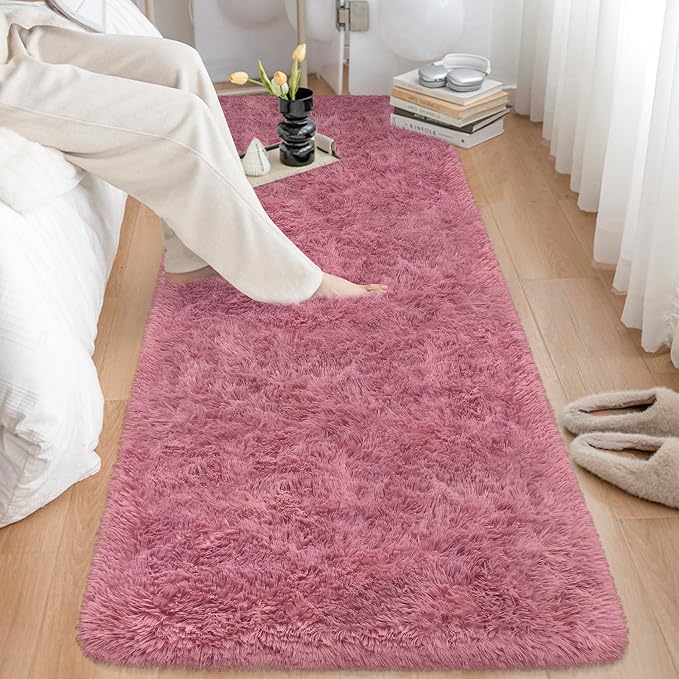 Soft Runner Rug for Bedroom Living Room, 2x6 ft Fluffy Blush Pink Rug for Bedroom Girls Room, Washable Girls Fuzzy Rugs for Kids Room Bedside Nursery Dorm Pink Shag Carpet Runner for Hallway