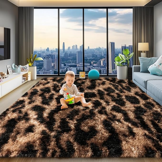 qulint Leopard Rug for Living Room, 5x7 Fluffy Carpet for Bedroom Nursery | Soft Shaggy Cheetah Rug for Kids Room, Modern Animal Carpet for Dorm Room Classroom Home Decor Aesthetic