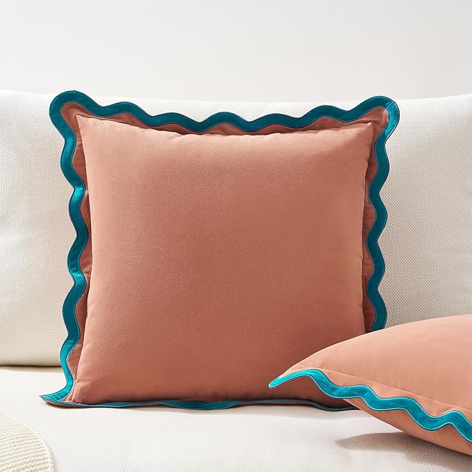 MONDAY MOOSE Decorative Throw Pillow Covers Cushion Cases, Set of 2 Soft Velvet Scalloped Wavy Edge Designs, Mix and Match for Home Decor, Pillow Inserts Not Included (16x16 inch, Teal/Pink)