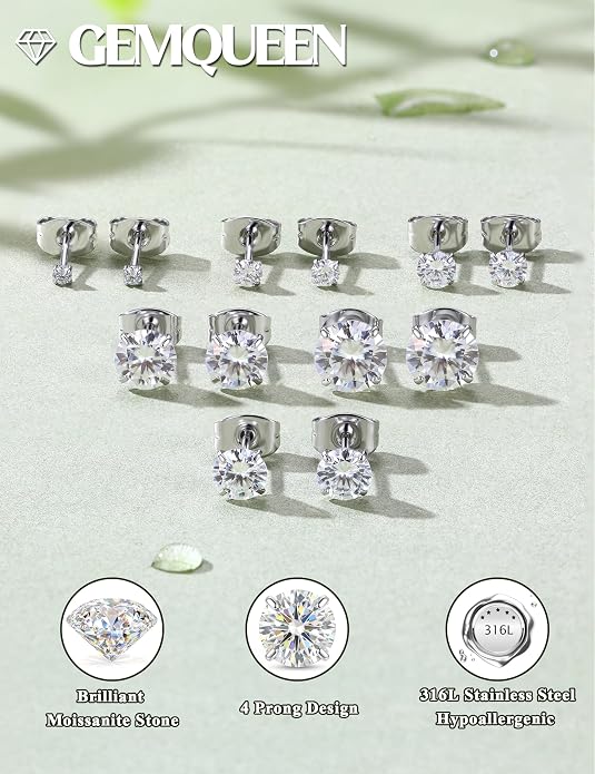 GEMQUEEN 6 Pairs 2-7mm Moissanite Earrings Studs 14K Gold Plated Stainless Steel Flat Back Earring for Women Men - Hypoallergenic Cartilage Helix Piercing Jewelry Brilliant Round Cut D Color VVS1 5.97CT