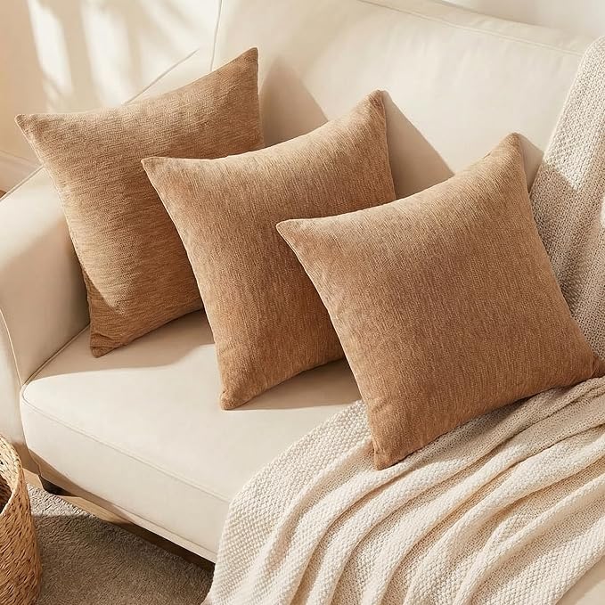 Set of 4 Brown Throw Pillow Covers 24x24 Inch, Neutral Boho Farmhouse Aesthetic Decorative Pillow Cases for Couch, Sofa, Living Room & Bed, Soft Chenille Pillow Cases, Stylish Home Decor, 60x60 cm