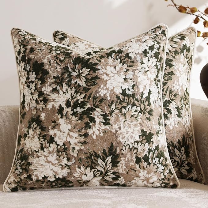 DEZENE Pack of 2 Vintage Floral Throw Pillow Covers 16x16 Boho Farmhouse Accents Chenille Square Decorative Pillow Cases for Living Room Couch Bed Home Decor, Green and Taupe