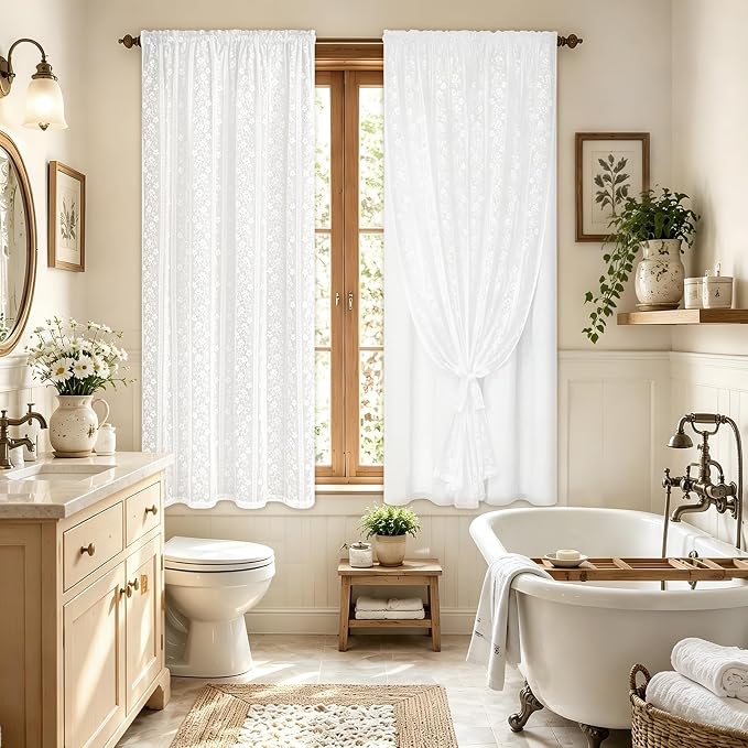 ASPMIZ Linen Curtains for Living Room Double Layer Curtains with Linen Lace, White Curtain for Bedroom Light Filtering, Rod Pocket Drapes 63 Inch Length 2 Panels Set with 2 Tiebacks, 52x63