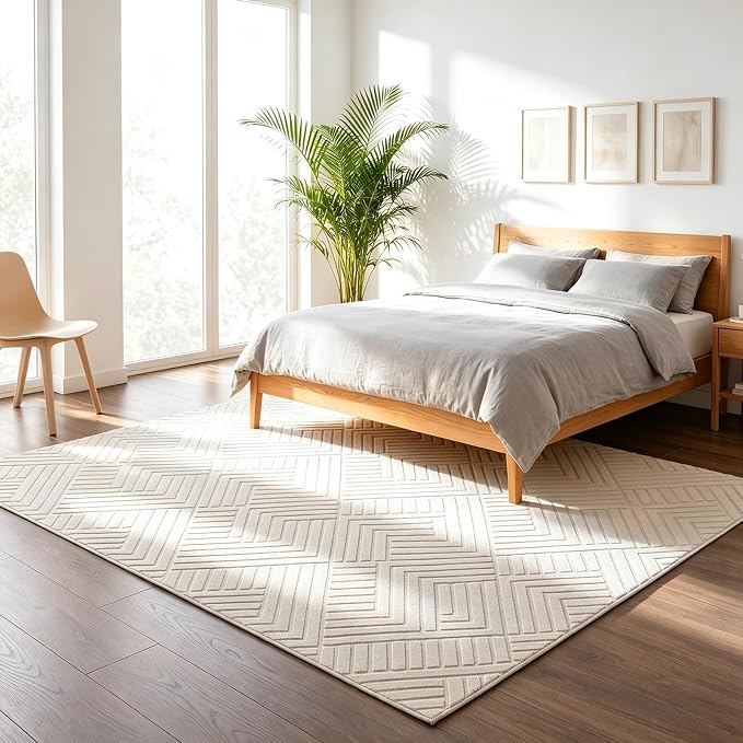 Bsmathom 9x12 Washable Area Rug, Boho Neutral Modern Soft Carpet Mat, Beige | Machine Washable, Low Pile Fluffy Plush, Non-slip, Geometric Textured, For Living Dining Kids Room Bedroom Indoor Dorm