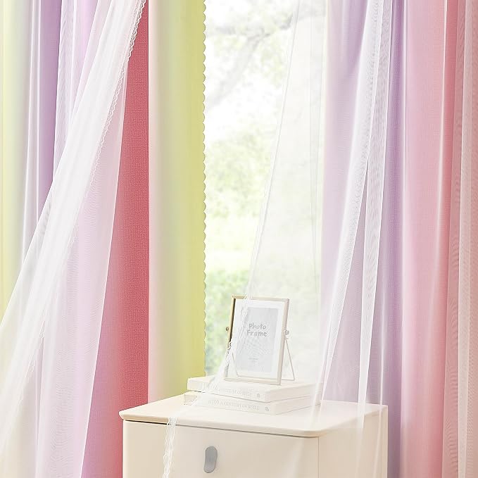 XiDi Girls Blackout Curtains for Bedroom 96 Inch Length 2 Panels Pink Yellow Purple Rainbow Blackout Curtains with Sheer Overlay for Little Girl Kids Room Decor Living Room Grommet Drapes 52W x 96L