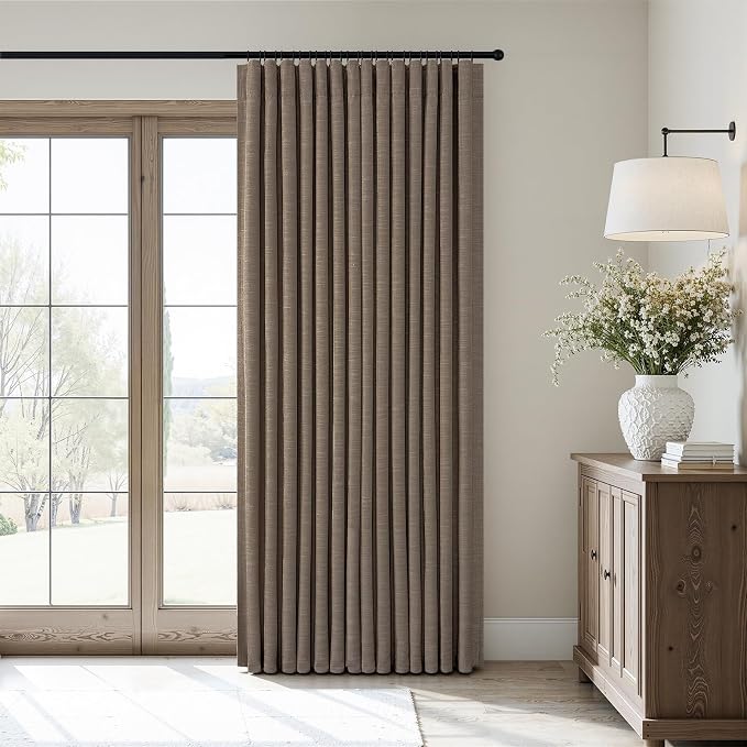 Topfinel Pinch Pleated 90 Inch Long 2 Panels Set Back Tab Curtains, 100% Blackout Dark Flax Linen Drapes, Light Blocking Balcony Drapes for a Neutral Country Ambiance Dark Flax 52" W*90" L