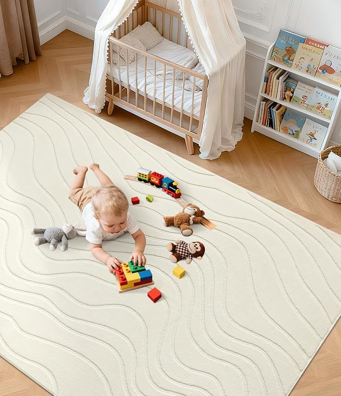 YIHOUSE 5x7 Abstract Wave Striped Area Rug, Modern Washable High-Low Pile Rug, Soft Textured Carpet for Living Room, Bedroom,Dining Room, Beige Ivory White