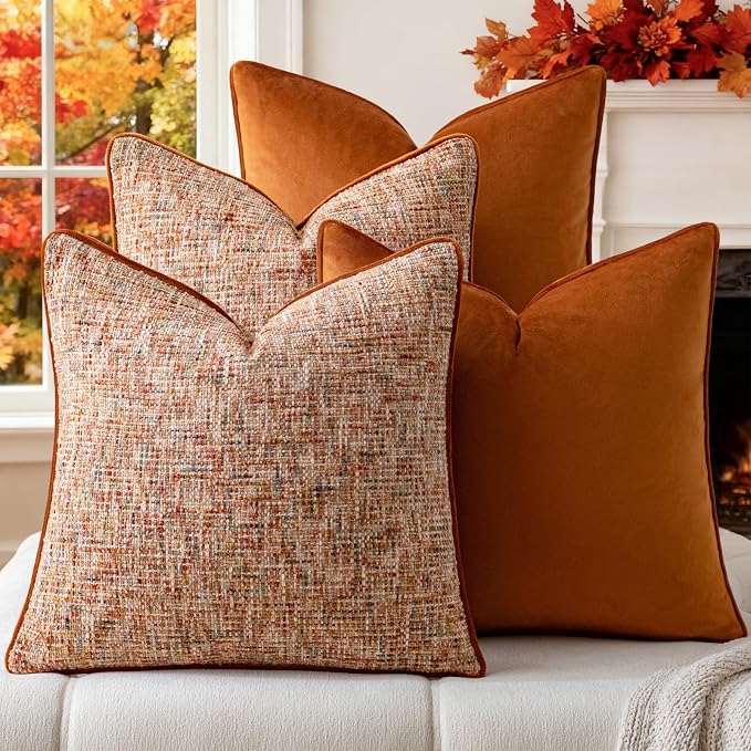 a moment Fall Orange 4 Pack Throw Pillow Covers - Chenille & Velvet Set with Piping, Farmhouse Textured Design Cushion Cases for Couch Sofa Bed (20x20 Inch, No Insert)